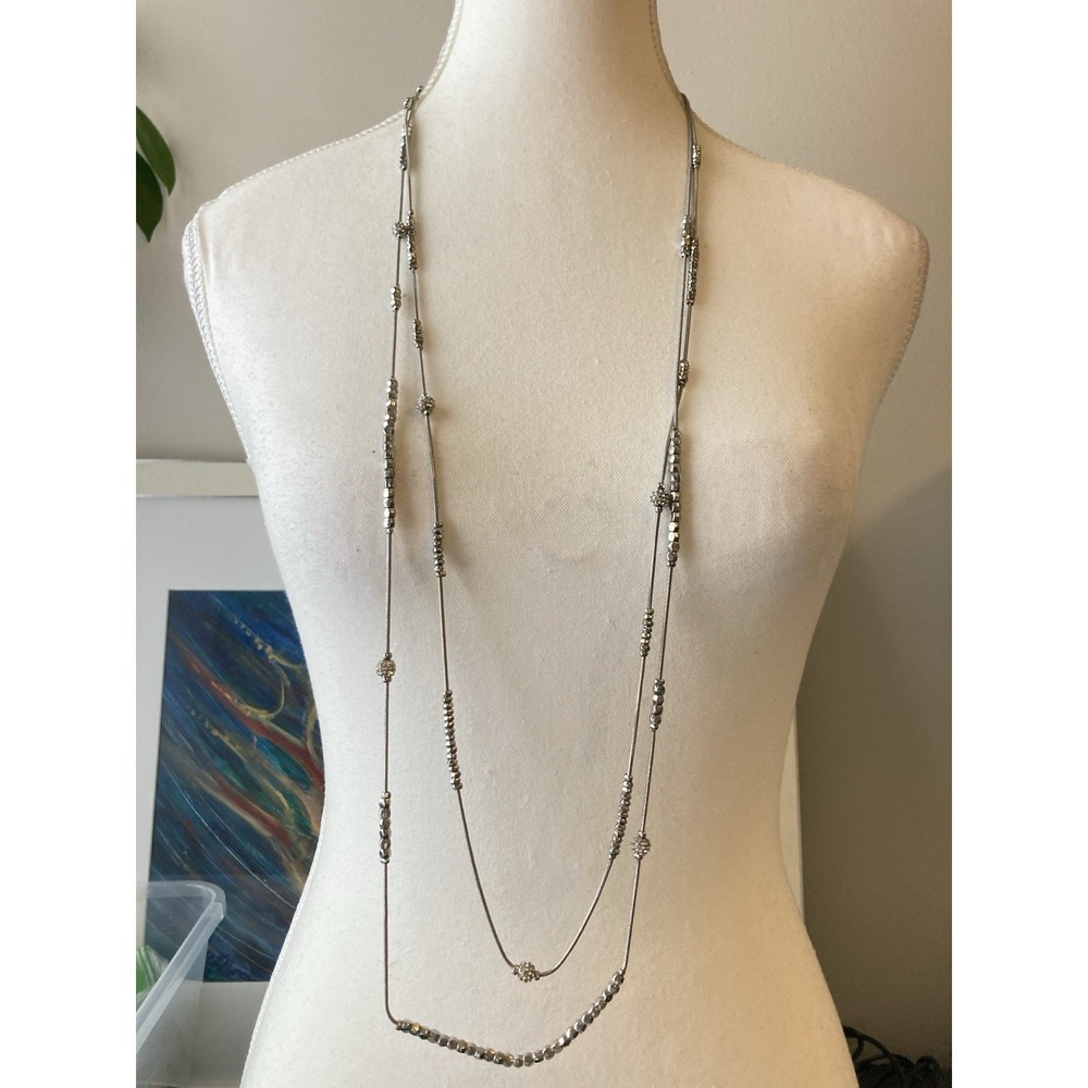 Chico’s‎ Long Silver Tone Beaded Station Necklace Layered Rhinestones Stackable